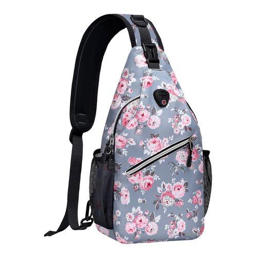 MOSISO Crossbody Sling Backpack, Travel Hiking Daypack Floral Chest Sling Bag Daypack, Peony Bouquet, Grey