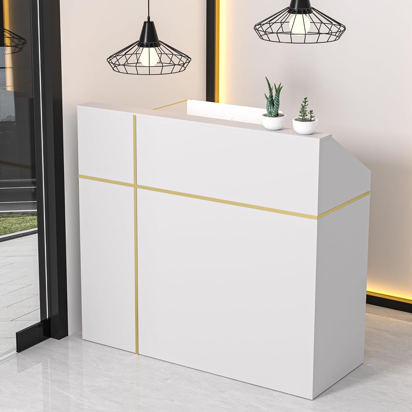 AHB Reception Desk with Counter, Modern Front Table Equipped Lockers & Storage Shelves, 50-inch Checkout Counter with LED Lights & DIY Stripe for Lobbies, Salons, Retail, Home Offices, Reception Room