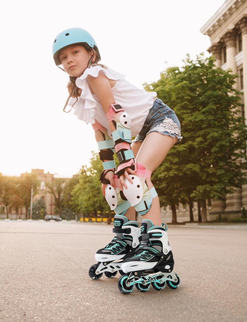 2PM SPORTS Cytia Pink Girls Adjustable Illuminating Inline Skates with Light up Wheels, Fun Flashing Beginner Roller Skates for Kids (Mint, Large - Youth (3-6 US))