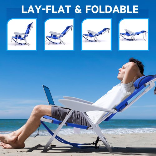Canpsky Portable Beach Chair for Adults, Outdoor Camping Chair Lay Flat Folding Backpack Beach Reclining Chair with 5 Positions, Headrest, Zipper Pouch, Cup Holder, Blue