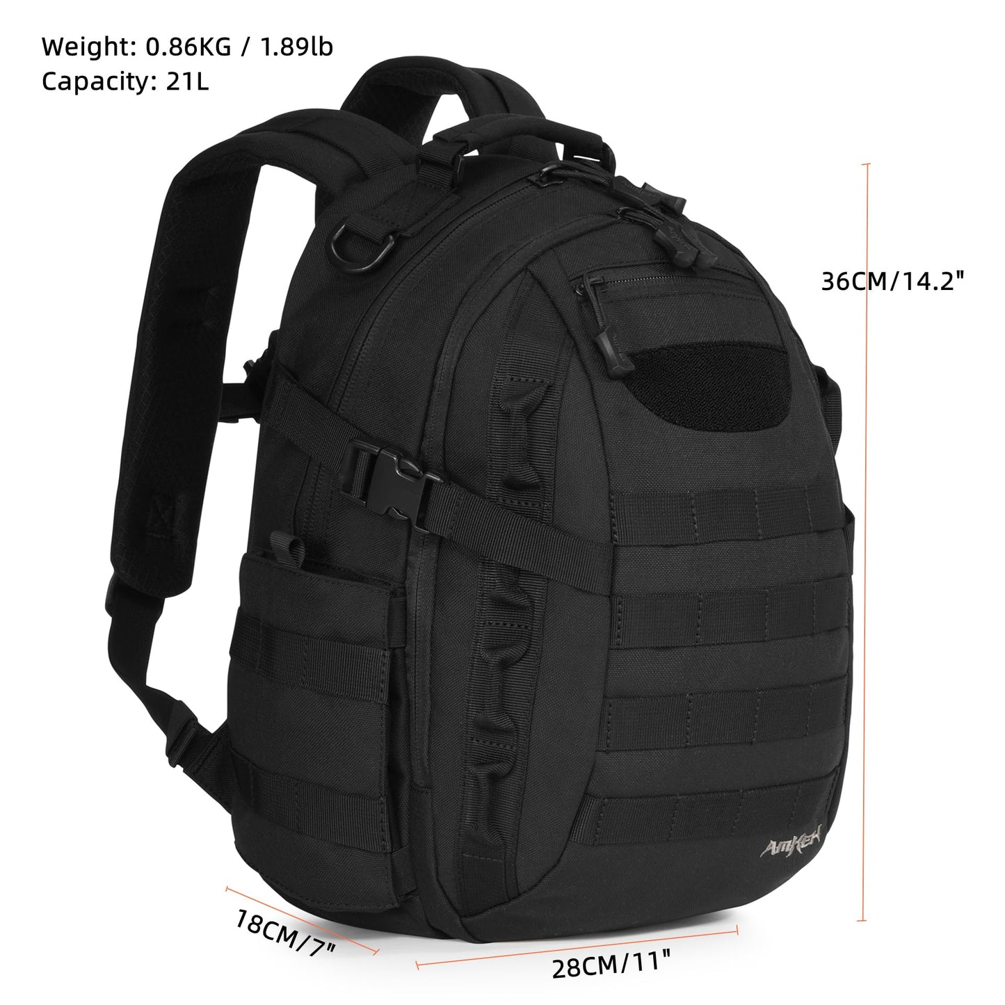 AMHEH 21L Small Tactical Backpack | Fit 12 Inch Laptop, Water Bottle Holder, 1050D fabric, Molle, Daily Work, Travel, Hiking (Black)