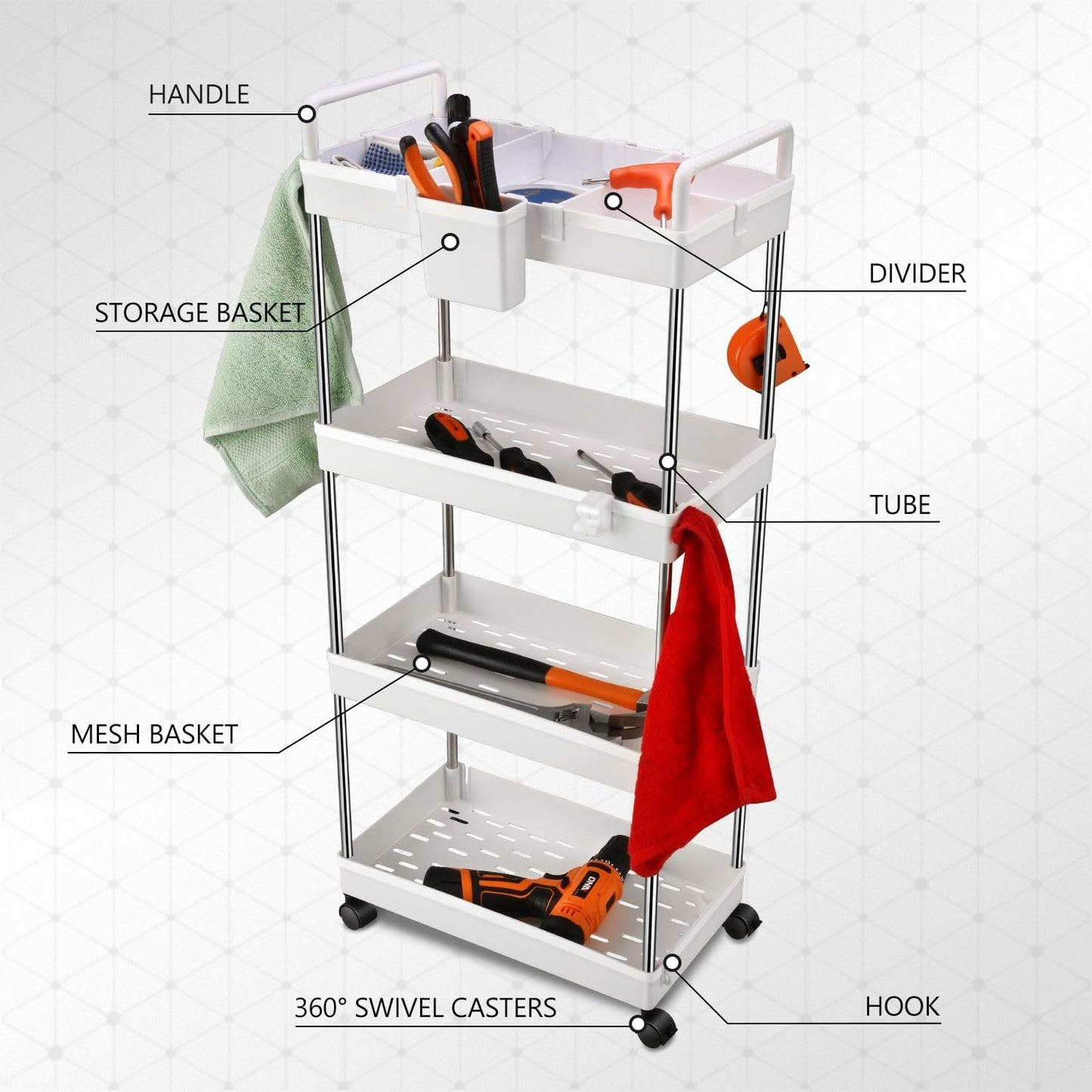 DNA MOTORING 3 Tier Slim Rolling Storage Cart, Plastic Utility Cart Organizer, Mobile Shelving Unit Utility Cart for Garage, Warehouse, Kitchen, Bathroom, Narrow Space, w/Wheel, White, TOOLS-00797-WH