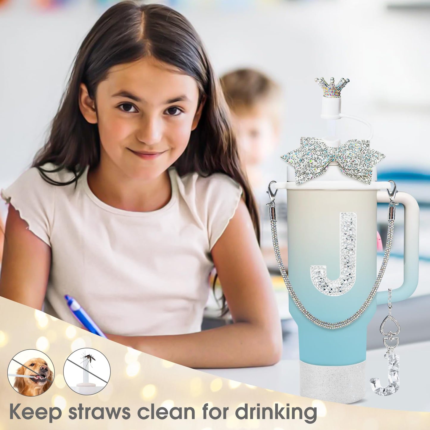 8Pcs Silvery Stanley Cup Accessories Set for Stanley Cup 30&40 Oz Tumbler - Silicone Straw Cover Cap and Boot, Handle Letter Charm, Bow Decoration Initial Sticker, Diamond Water Bottle Handle Strap(J)