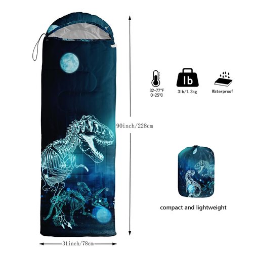 Sleeping Bags for Adults and Kids Camping Sleeping Bags for Girls and Boys Lightweight Waterproof Cold/Warm Sleeping Bag for 3 Season (Blue Dinosaur, Single -31.5x90.5)