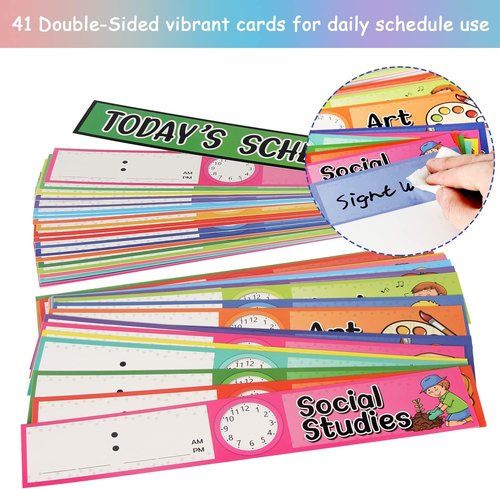 Daily Schedule Pocket Chart Kit,40 Bright Attractive Double-Sided Reusable Erasable Cards,1 Title Card,13+1 Scheduling Pocket Chart with 2 Hangers for Classroom Office Home Preschool Learning (Blue)