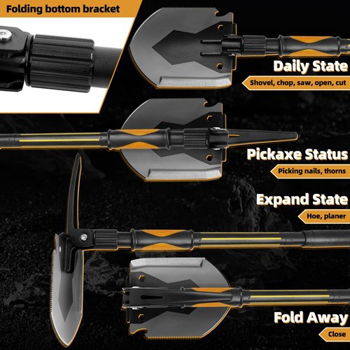 Survival Camping Shovel Multifunctional Folding Shovel Heavy Duty Alloy Steel Tactical Shovel with Saw for Hiking, Backpacking,Hunting,CarEmergency,Snow,Camping,Gardening, Outdoor Emergency (HS003)