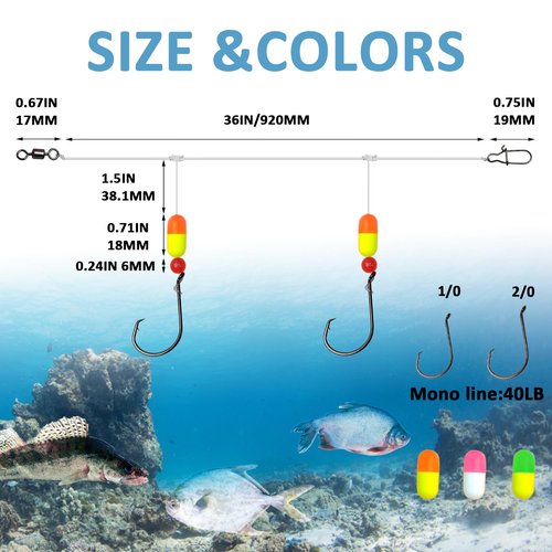 Eupheng Saltwater Pre Rigged Pompano Rigs for Surf Fishing High Low Rigs with Floats Beads Double Circle/Wide Gap Hooks 6/12PCS (6PCS-1/0# Circle Hook-3 Colors (Each Color 2))