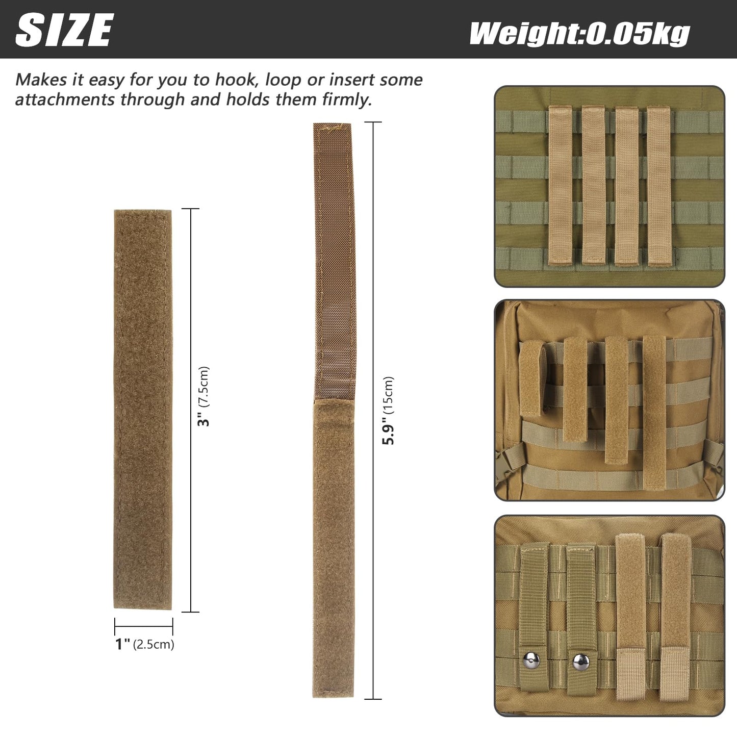 Adjustable Molle Patch Hook and Loop Tactical Patches Panel Display 7X1 inches Molle Accessories Molle Strips Attachment for Insignia Include PVC Patch (8 pcs brown)
