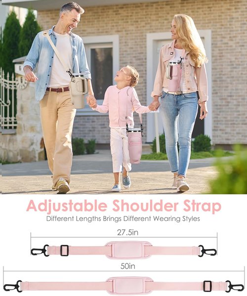 Water Bottle Carrier Bag with Phone Pocket for Stanley Cup 40/30oz, Adjustable Strap Tumblers Water Bottle Holder with Pouch and Straw Cover for Stanley Cup Accessories (Pink)