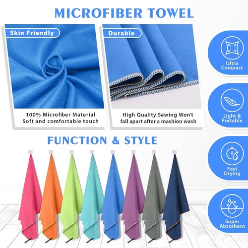 HOEAAS 2 Pack Microfiber Camping Towels, Quick Dry Towel, Super Absorbent Ultra Compact Travel Towel Soft Lightweight Sports Towel for Sweat Fast Drying Towels for Pool,Gym,Hiking,Backpacking,Fitness