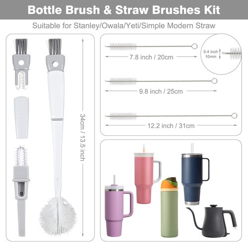 Straw Cleaner Brush Bottle Brush Kit for Stanley Cup Tumbler - Multifunctional Water Bottle Cleaner and 3-Size Straw Cleaning Brushes for Owala Freesip/Simple Modern/Yeti Tumbler, Cup Lid Gap Cleaners
