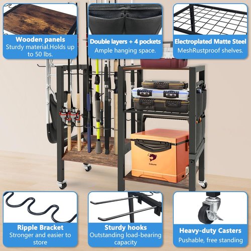 Dobures Fishing Rod Holder, 3-Tier Fishing Pole Rack, Fishing Equipment Organizer Tackle Storage Cart for Garage Organization, Holds up to 12 rods