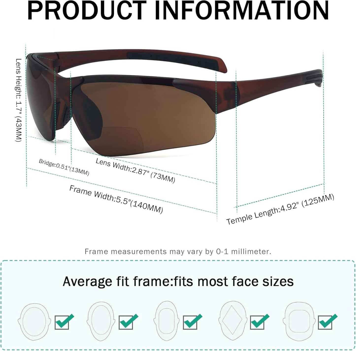 Eyekepper TR90 Unbreakable Sports Half-Rimless Bifocal Sunglasses Baseball Running Fishing Driving Golf Softball Hiking