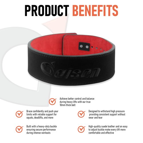 Daisen Weight Lifting Belt Powerlifting, 10mm Thick 4" Leather Lumbar Back Support, Lever Buckle Gym Strength Training Equipment, Bodybuilding Deadlifts Squats Workout Men Women (10MM Black/Red, Medium)