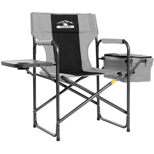 Tisetrail Director Camping Chair with Cooler Bag Camping Directors Chair with Foldable Side Tray Outdoor Folding Lawn Chair, Supports 400lbs, Black & Gray