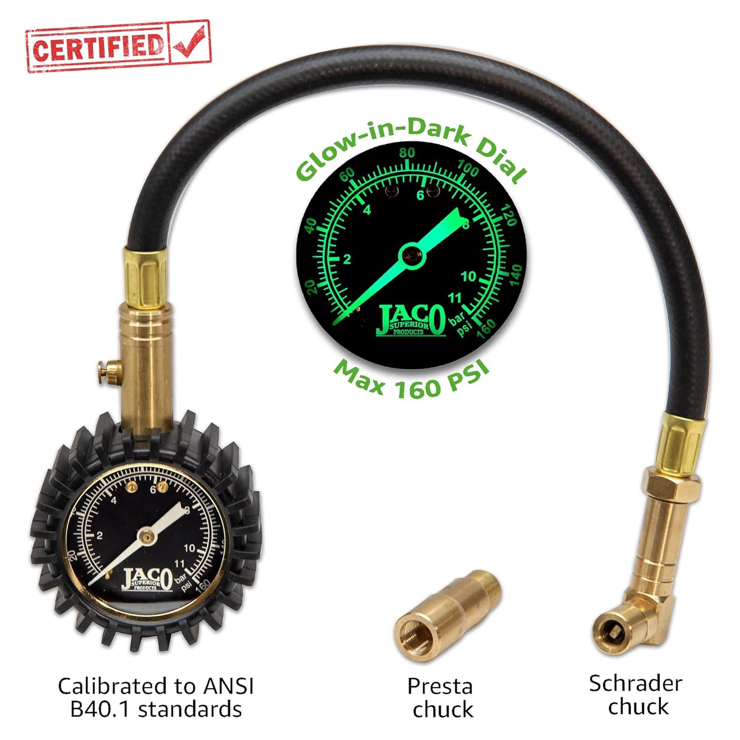 JACO BikePro Bike Tire Pressure Gauge - 160 PSI (Road Bike & BMX Series) | Presta + Schrader Air Chucks