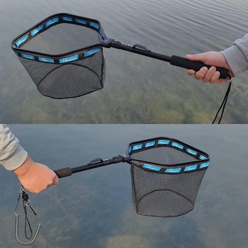 GOODCAT Floating Fish Landing Net for Steelhead & Trout, Foldable & Lightweight Rubber Mesh with Non-Slip Handle, Easy Transportation Fishing Net for Kayak Boat Fly (B: Square-Extend Length:32.5")