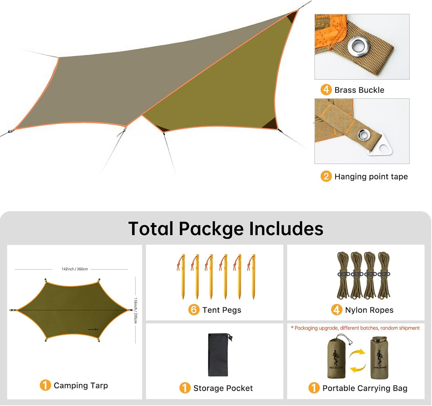 FREE SOLDIER Waterproof Portable Tarp Multifunctional Outdoor Camping Traveling Awning Backpacking Tarp Shelter Rain (Brown 10×10.5ft)