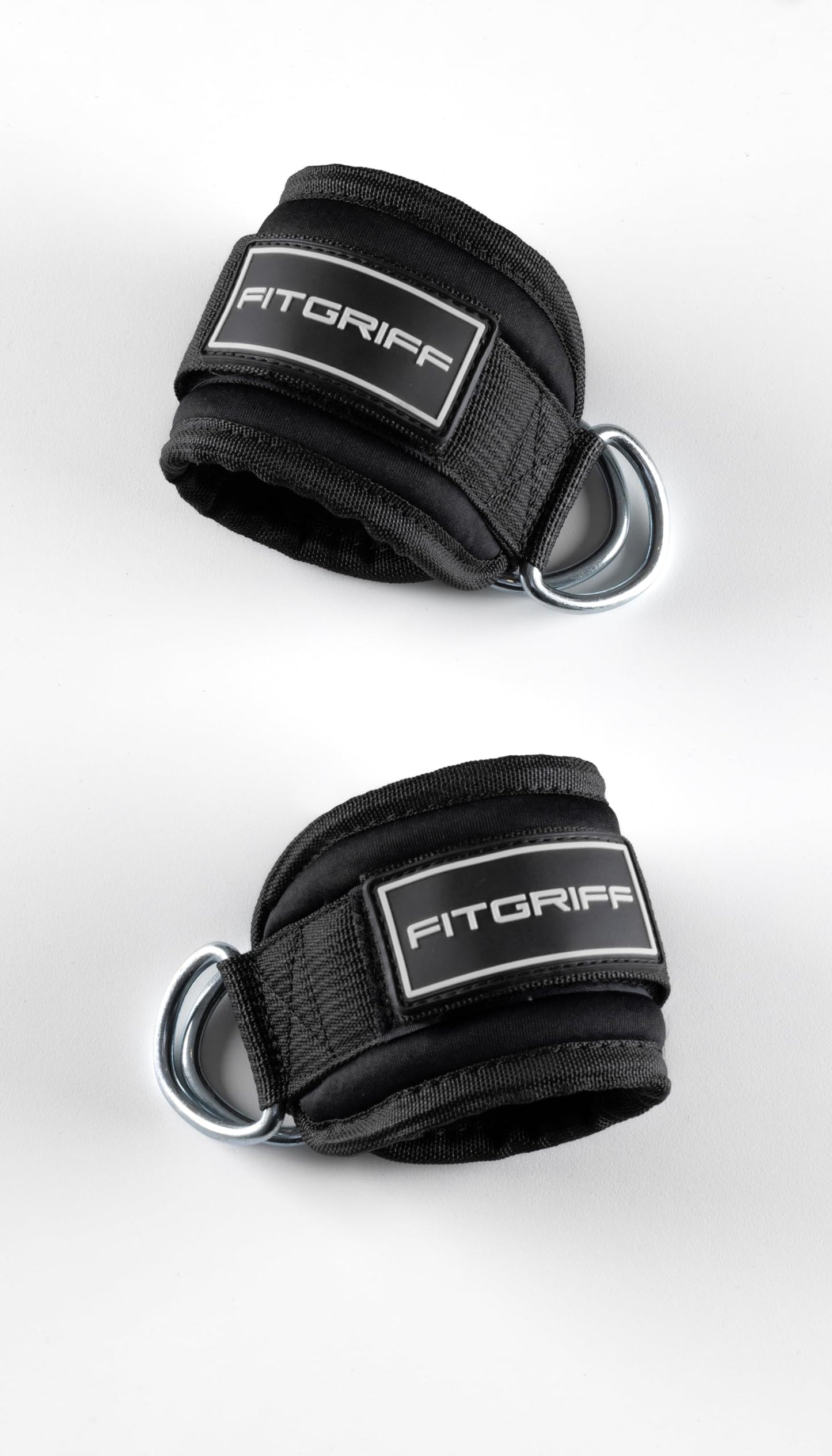 Fitgriff® Ankle Straps V3 for Cable Machine (2 Pieces) - Gym Workout Equipment - Leg Pulley Attachment, Kickback Straps (Black/White)