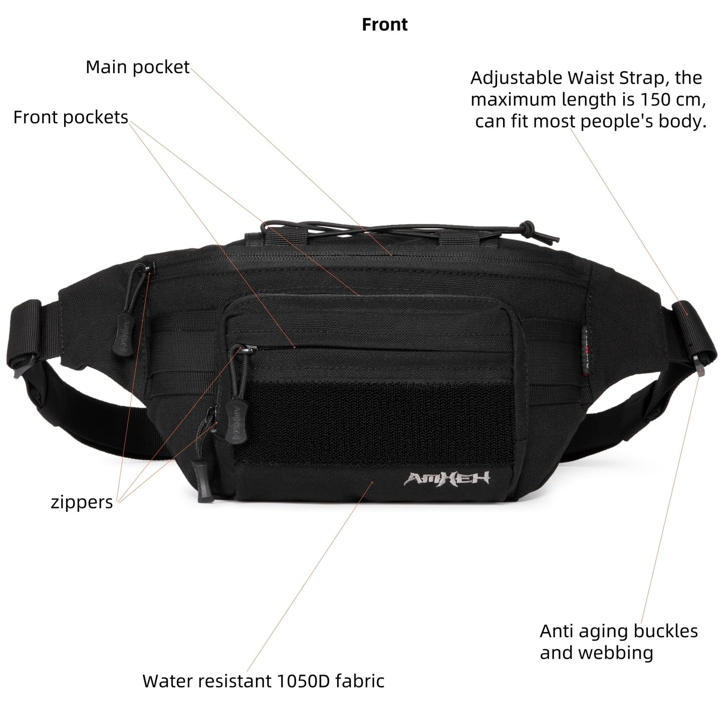 AMHEH 3.5L Military Tactical Fanny Pack | Molle, Quick Access, EDC, Hiking, Travel, Fit Most Men's Waist (Black)