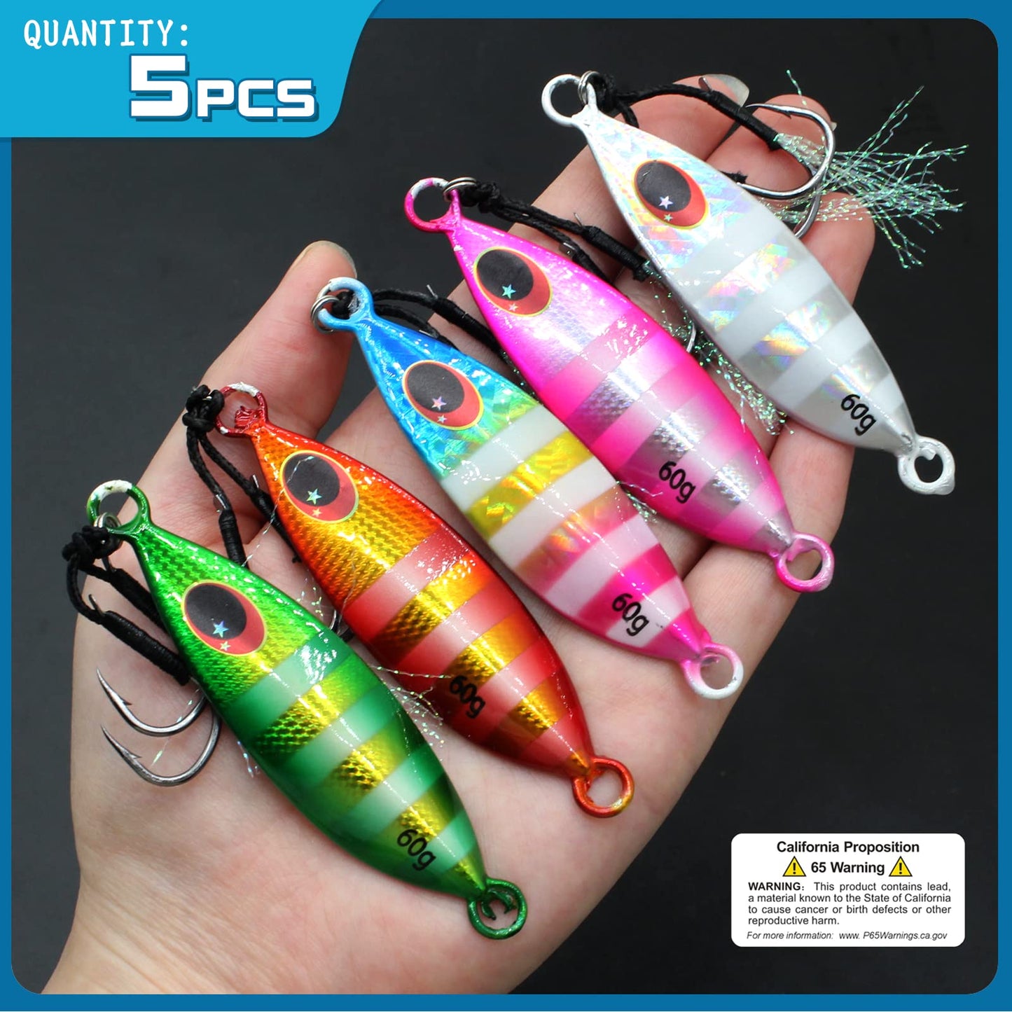 Gefischtter 5pcs Fishing Jigs Vertical Saltwater Jigs Metal Jigging Spoon Slow Sinking Glow Jigging Lure Deep Sea Fishing Lures with Assist Hooks for Tuna,Bass,Dogtooth,Grouper/60g