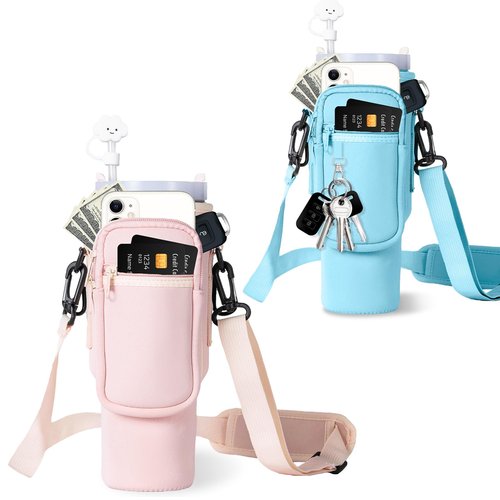 Water Bottle Carrier Bag with Phone Pocket for Stanley 40oz Tumbler with Handle（Pink+Blue）
