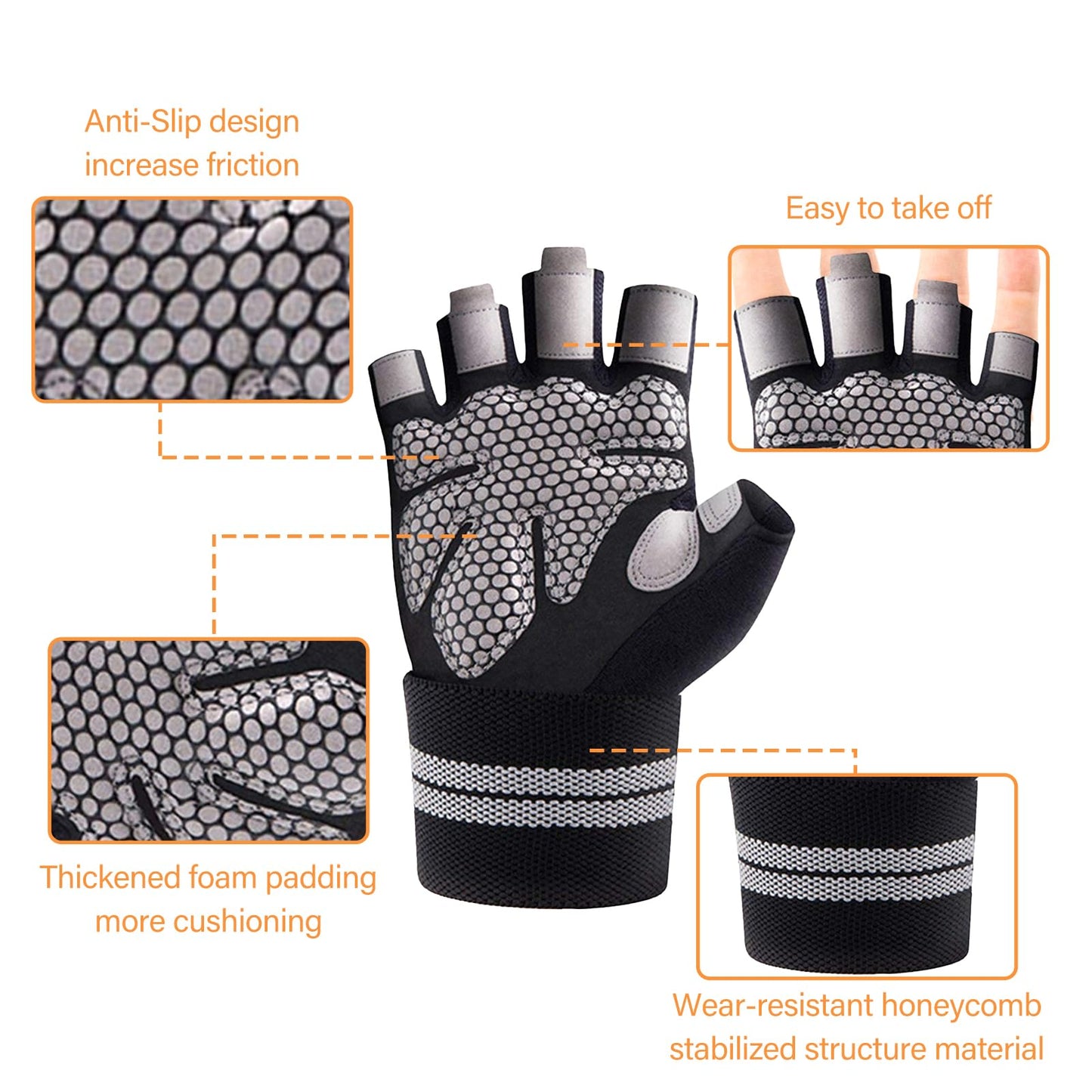 aifitbre Workout Gloves for Men Women, Breathable Weight Lifting Gloves with Wrist Wraps Support for Gym, Exercise, Training and Fitness, Fingerless, Padded Full Palm Protection