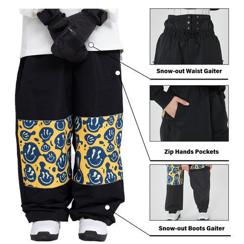 SNOWVERB Women Men Ski Baggy Cargo Knee Reflective Graphic Panel Casual Snow Pants Waterproof Loose Fit Snowboard Pants