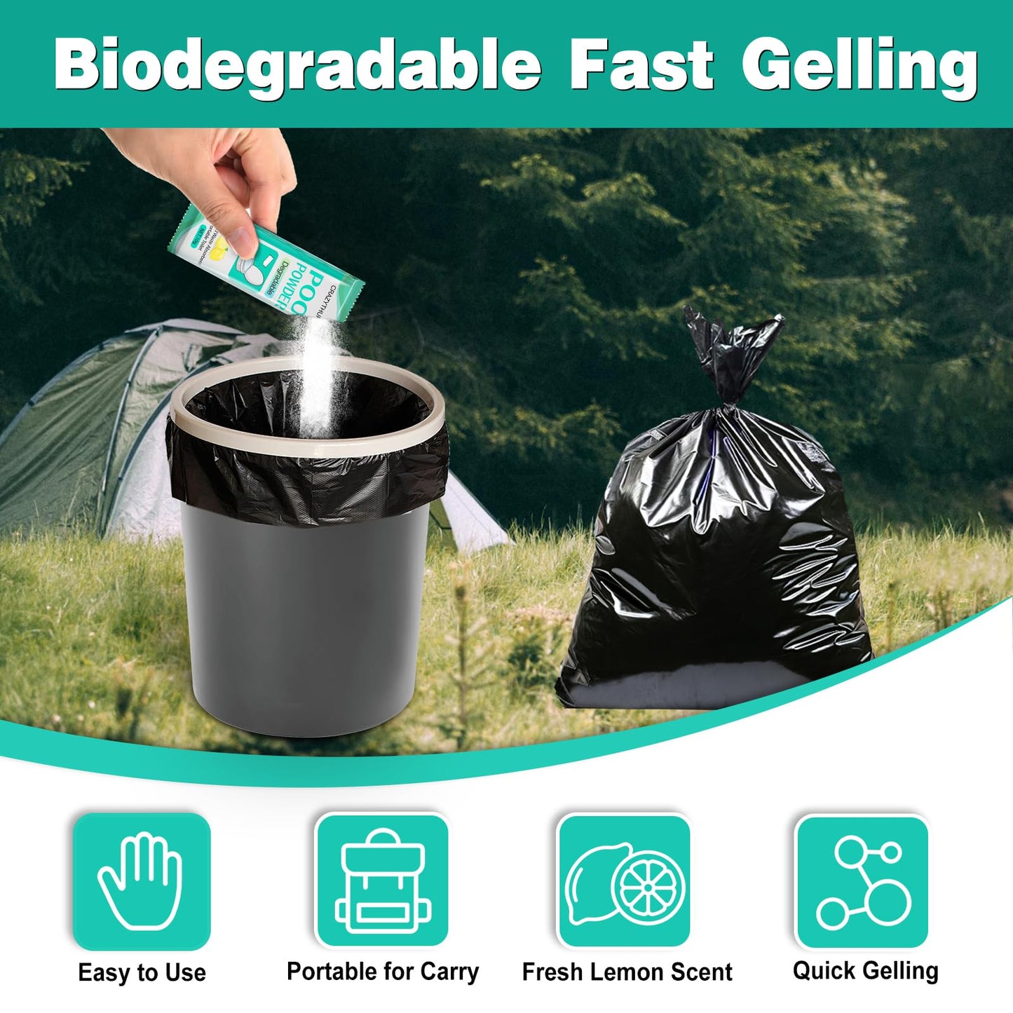CRAZYTHUR Portable Toilet Gel, 50 Packets Camp Toilet Portable Gel, Poo Powder with Lemon Scent, Eco Gel for Portable Toilet Powder, Travel Toilet Gel for Outdoor Camping and Hiking