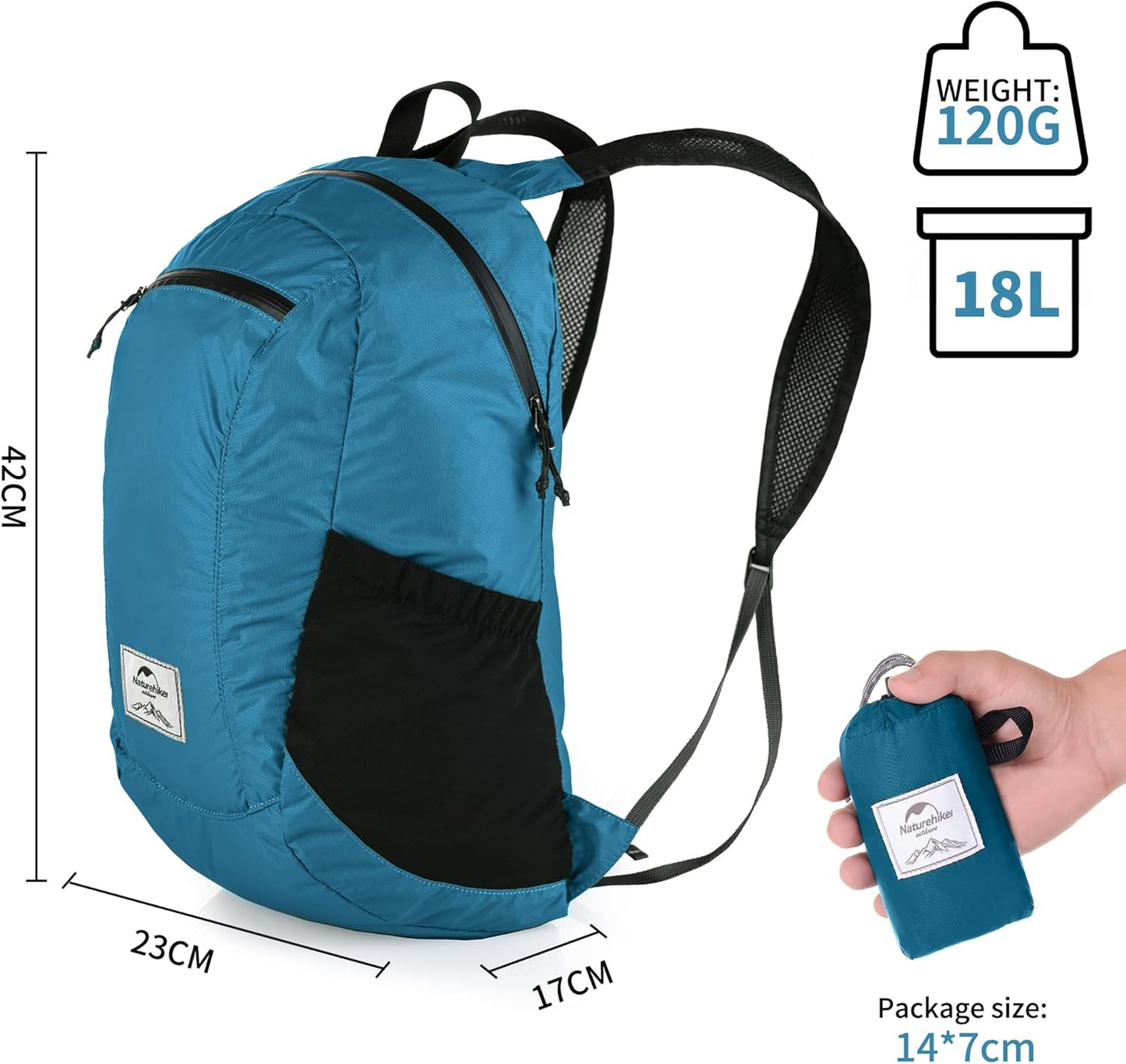 Naturehike 18L Lightweight Hiking Backpack, Waterproof Camping Packable Backpack Ultralight for Travel, Airplane, Small Hiking Daypack for Adults, Black