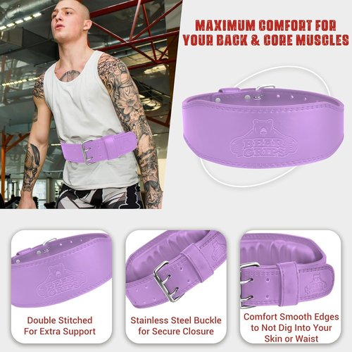 Bear Grips Weight Lifting Belt 7mm Weightlifting Belt Padded Gym Belt Double Prong Squat Belt Leather Workout Belt Powerlifting Deadlift Belt Back Support Exercise Belt Training Cinturon Purple Large