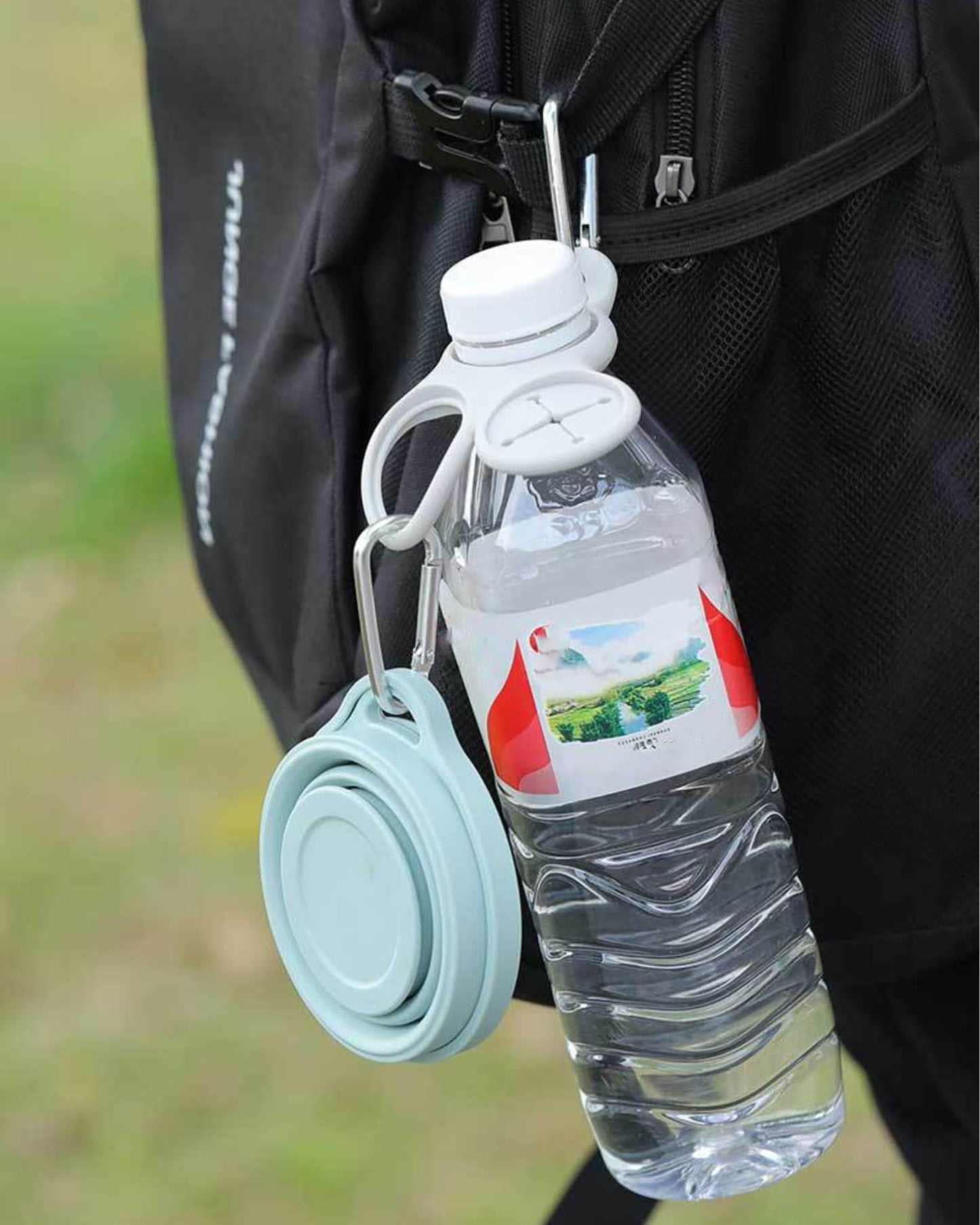 GCFTIFF 2 Pcs 3 in 1 Water Bottle Clip with Hanging Towels, Silicone Water Bottle Buckle，2 Water Bottle Holder & 1 Hanging Towels, with D-Ring Hook for Backpack Belt Hiking Camping Traveling (Grey)