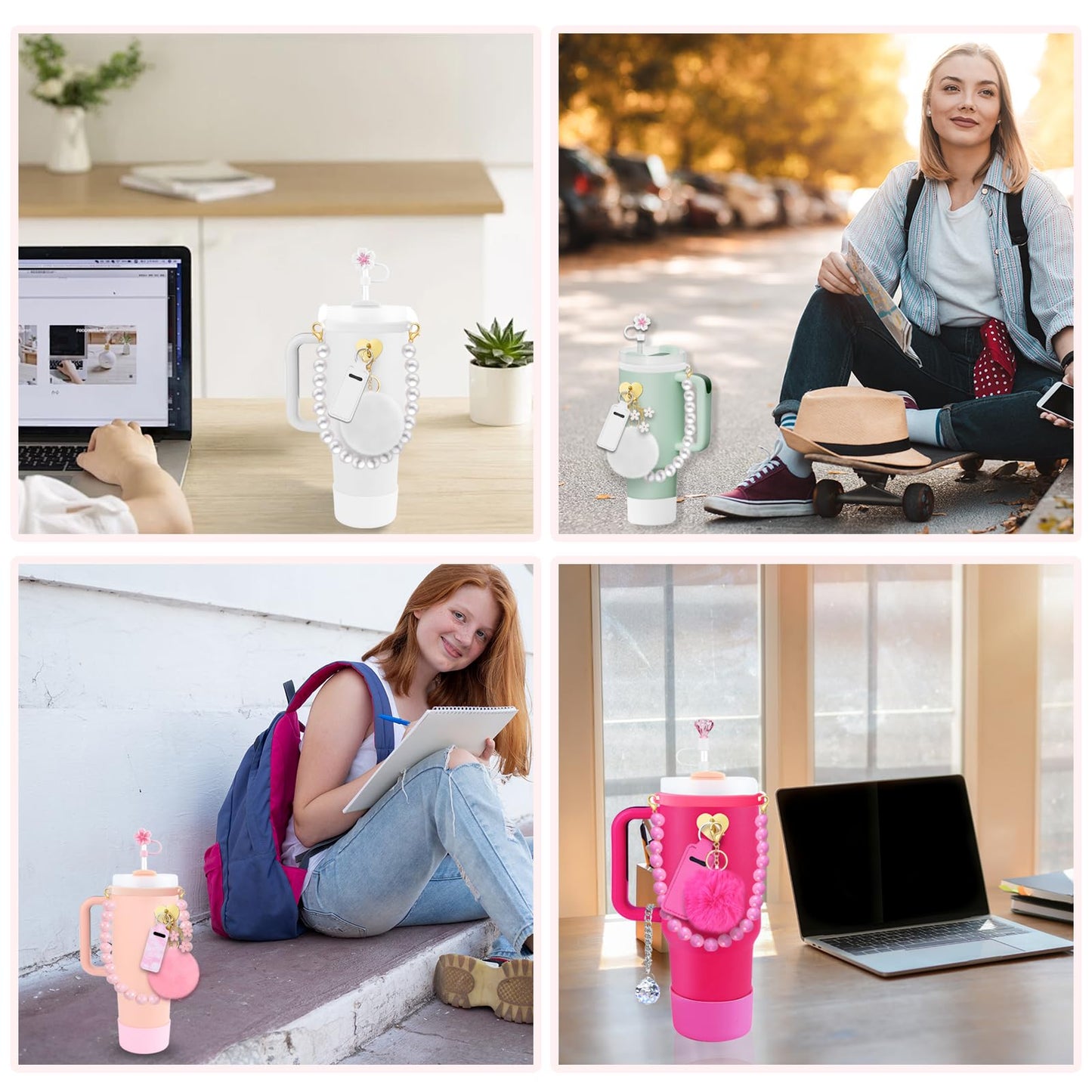 Accessories Set for Stanley Cup All Water Bottle Holder Strap Straw Cover Cap for Stanley Cup Charms Boot Diamond Hot Pink Tumbler 30oz 40oz Accessories Cute Silicone Straw Topper Charms Boot