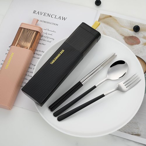 DEVICO Travel Utensils with Case, Stainless Steel Reusable Camping Silverware Set for Lunch Box, Portable Cutlery Kit Includes Fork, Spoon, Chopsticks (Black)