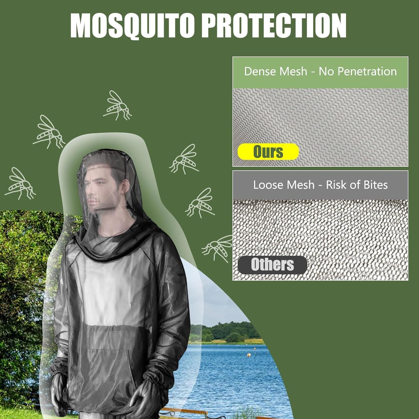 HOMEYA Bug Jacket L/XL, Anti Mosquito Netting Suit with Zipper on Hood Ultra-fine Mesh Pants Mitt Socks with Free Carry Pouch for Protecting Hunting Fishing Men Women