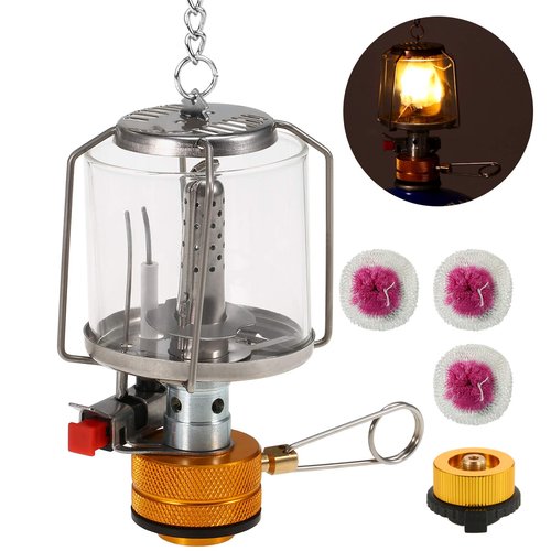 Steam lamp,YIWENG Outdoor Portable Camping Gas Lantern Piezo Ignition Mini Gas Tent Lamp Light with 3 Mantles and Adapter