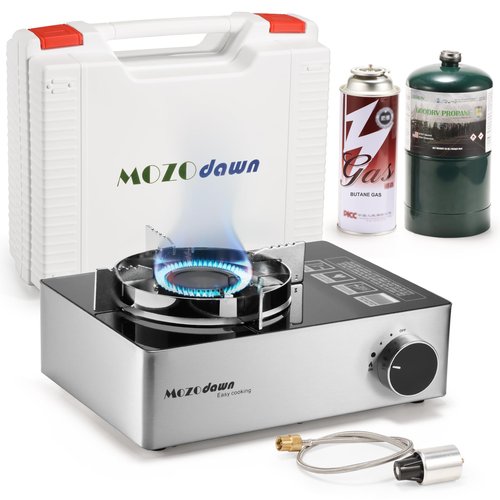 MOZODAWN Dual Fuel Camp Stove, 12000 BTU Portable Propane/Butane Stove with Case, Adapter Hose, Wind Guard, Single Burner Propane Stove for Home Kitchen, Camping, Picnics, Hiking, Fuel Not Included
