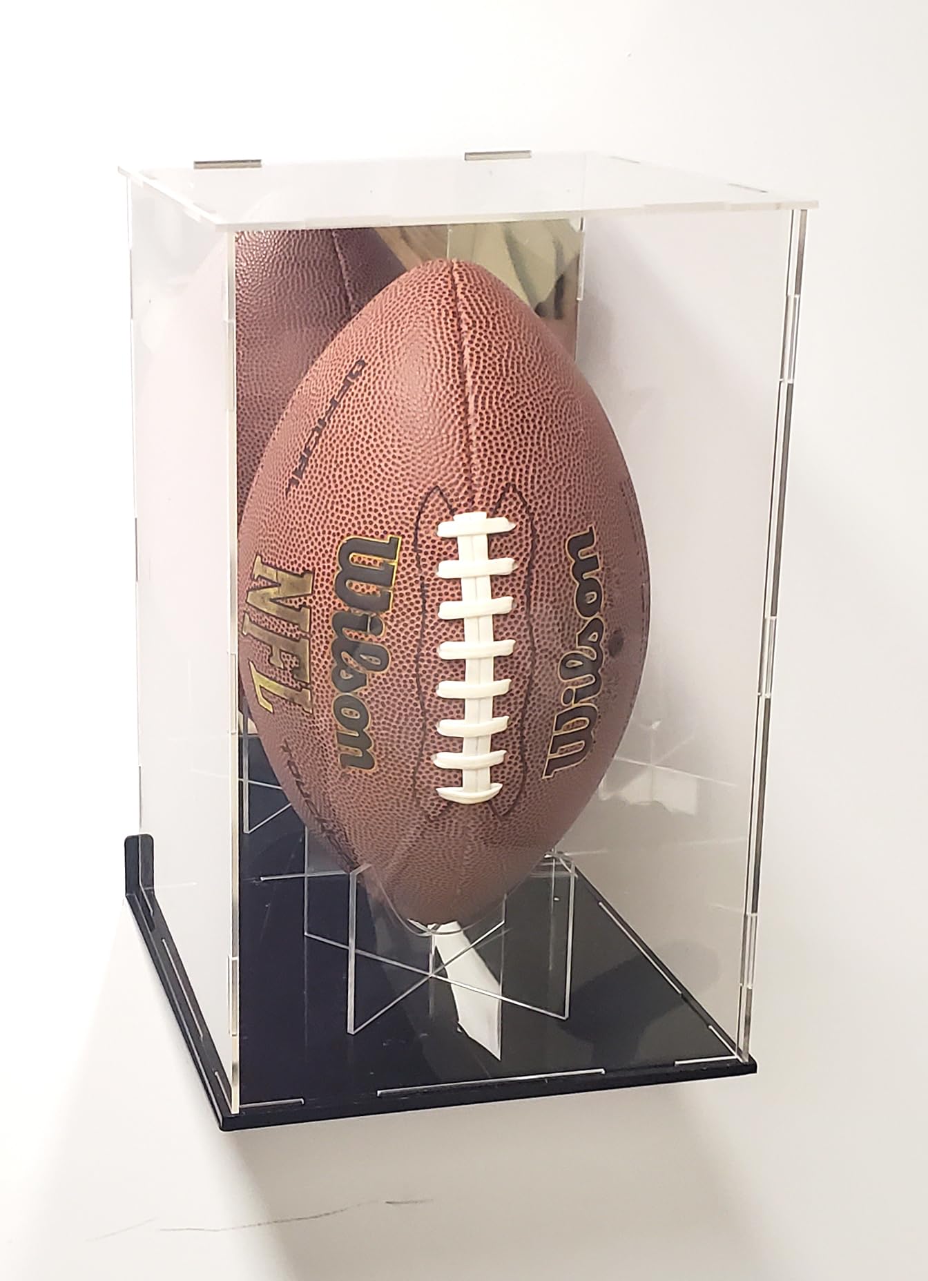 Full Size Football Acrylic Display Case Box Gold Mirror Field Showcase Shoes UV Protection 15x9x8 (Wall Mount Brackets)