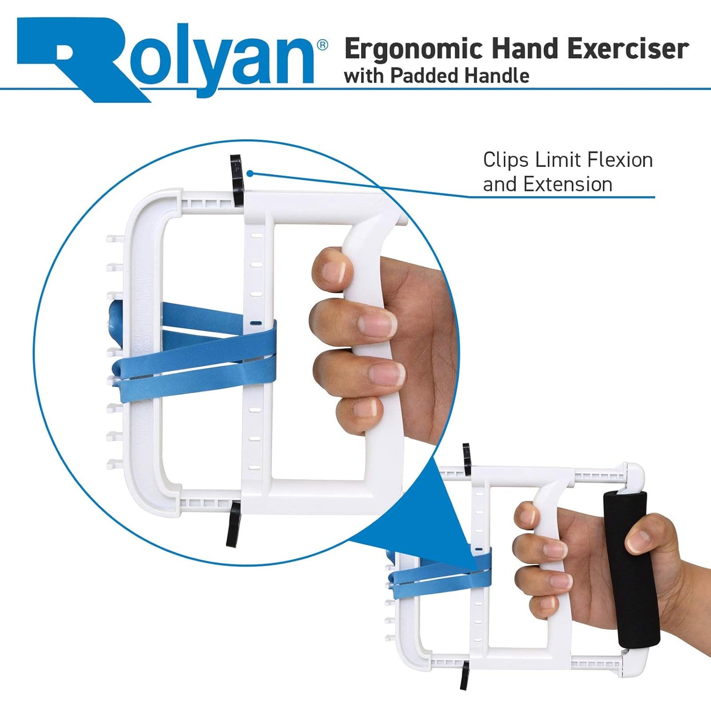 Rolyan Ergonomic Hand Exerciser with Padded Handle, Adjustable Squeeze Tool, 4 Pairs of Rubber Bands for Progressive Resistance, Improves Hand Grip Strength in Fingers, Hand, & Thumb, Blue