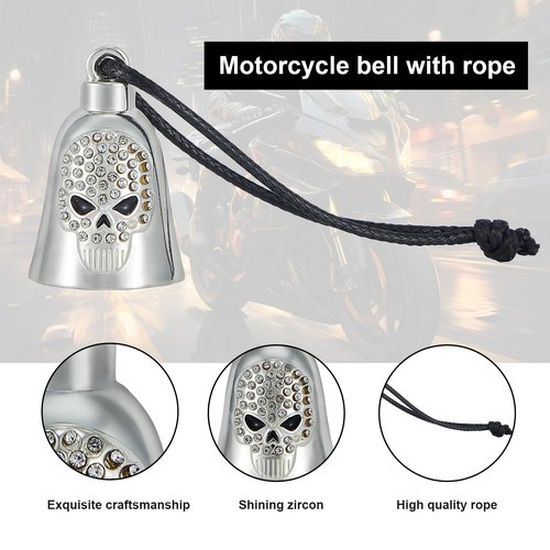 Motorcycle Bells for Biker Good Luck Riding Bells Guardian Biker Bells with Lanyard and CZ (Skull, 1)