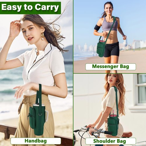 Water Bottle Carrier Bag with Phone Pocket Compatible with Stanley/Meoky 40 oz Tumbler with Handle,Water Bottle Holder Pouch with Adjustable Strap Compatible with Stanley Cup Accessories,Green