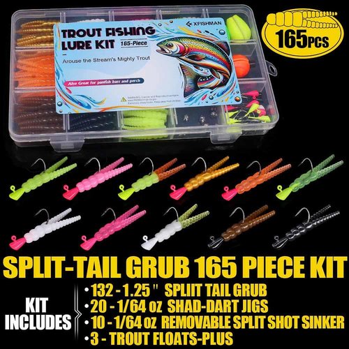 XFISHMAN-Trout-Fishing-Lure-Kit 165-Piece Creek & River Fishing Set with Split Tail Grub Worms, Shad Dart Jig Heads, Floats & Sinkers Ideal for Seasonal Trout Crappie Panfish