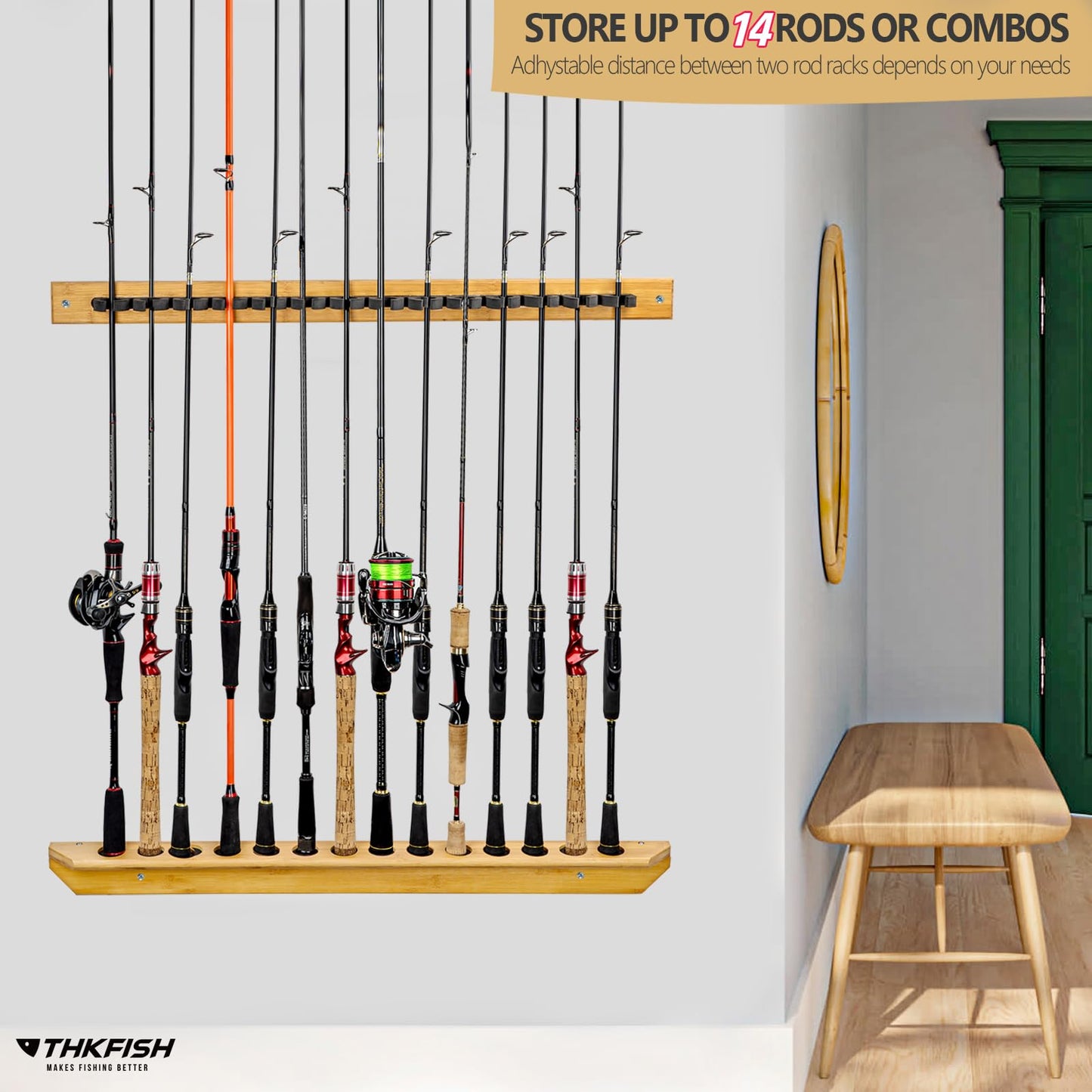 THKFISH Fishing Rod Racks Fishing Rod Holders for Garage Wood Fishing Pole Wall Rack Store 14 Fishing Rod Combos,1 Pair