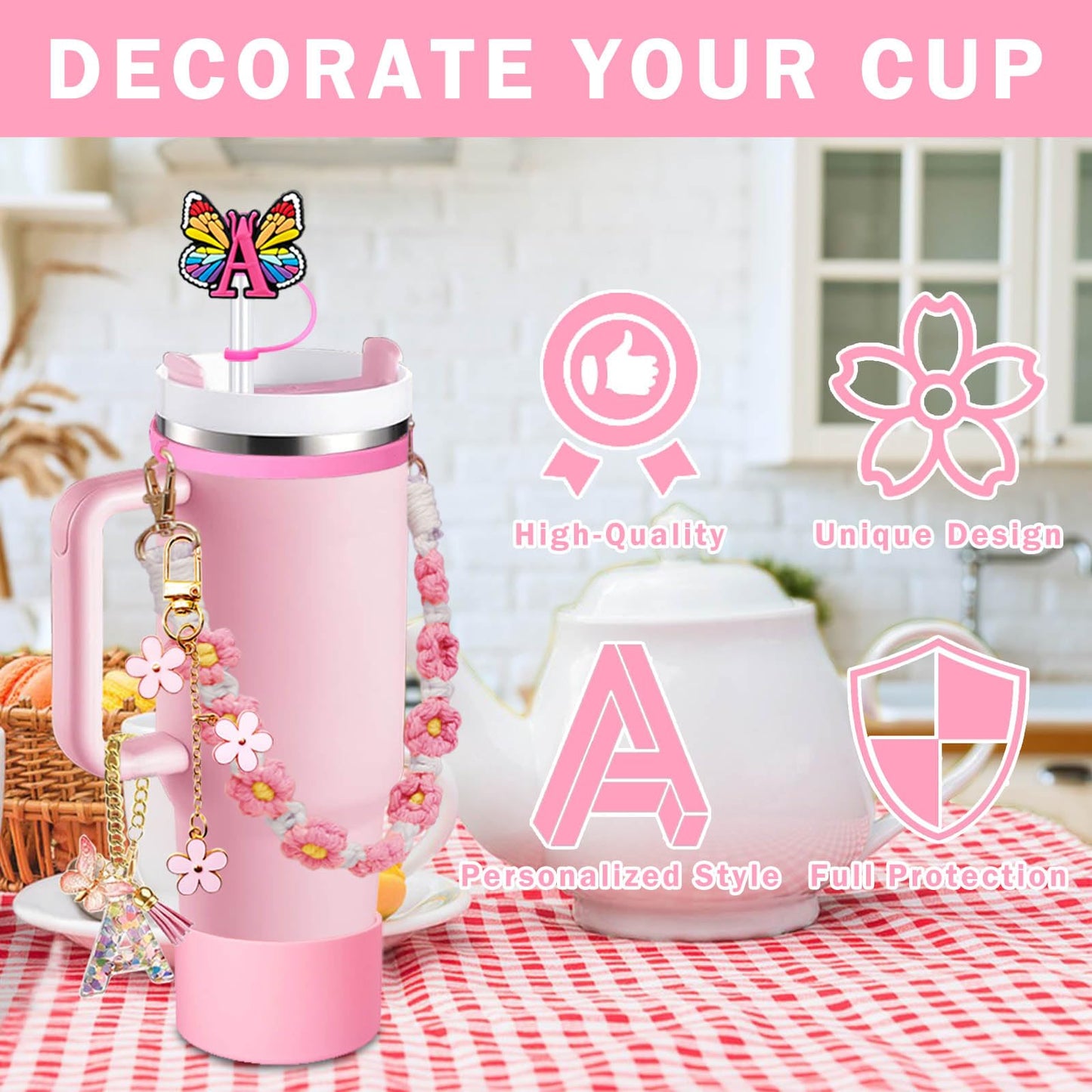 6PCS Cup Accessories Set for Stanley 30oz 40oz, Includes Silicone Initials Straw Cover Cap and Boot, Water Bottle Handle Strap, Rubber Cup Ring, Alphabet Handle Charm, Keychain Charm. (M)