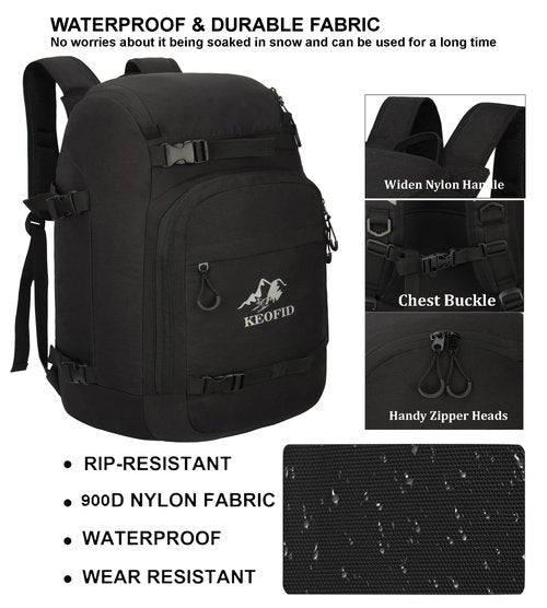 KEOFID Skate bag Backpack,Ski Boot Bag Backpack, Waterproof 50L ski bag, travel back pack for Ski Helmet, Snowboard and Accessories(Black)