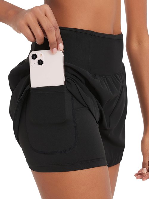 Monbessi Running Shorts Womens 2 in 1 Athletic Shorts with Zipper Pocket Swim-Shorts Ladies for Workout Training Yoga Jogging(L, Black)