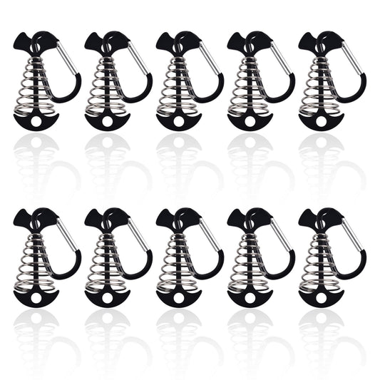 Deck Anchor Pegs with Carabiner Clip 10PCS, Fishbone Tent Pegs Camping Accessories, Windproof Deck Anchors with Spring Buckle for Outdoor Camping, Outdoor Gallery Road (Black)
