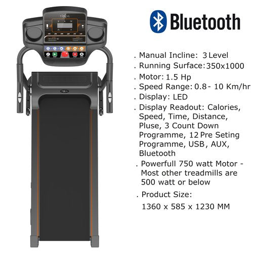 Motorized Electric Treadmill for Home, Bluetooth, Speaker, USB Port, AUX - Fitness App,3 Level Manual inclination & Foldable Running Machine with 12 Programs, 6.2 M/hr Speed