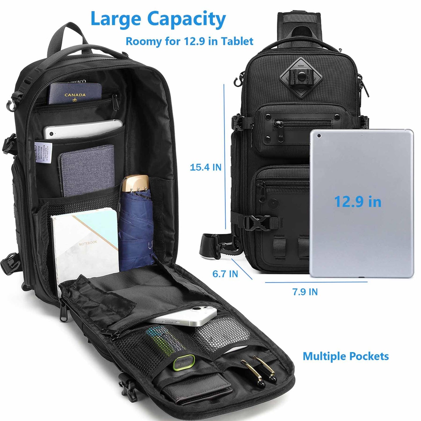 Uaskmeyt Sling Bag for Men, Tactical Sling Backpack Shoulder Crossbody Bag Waterproof Anti-Theft Travel Sports Bag Large Capacity for 12.9 inch Ipad (Black)