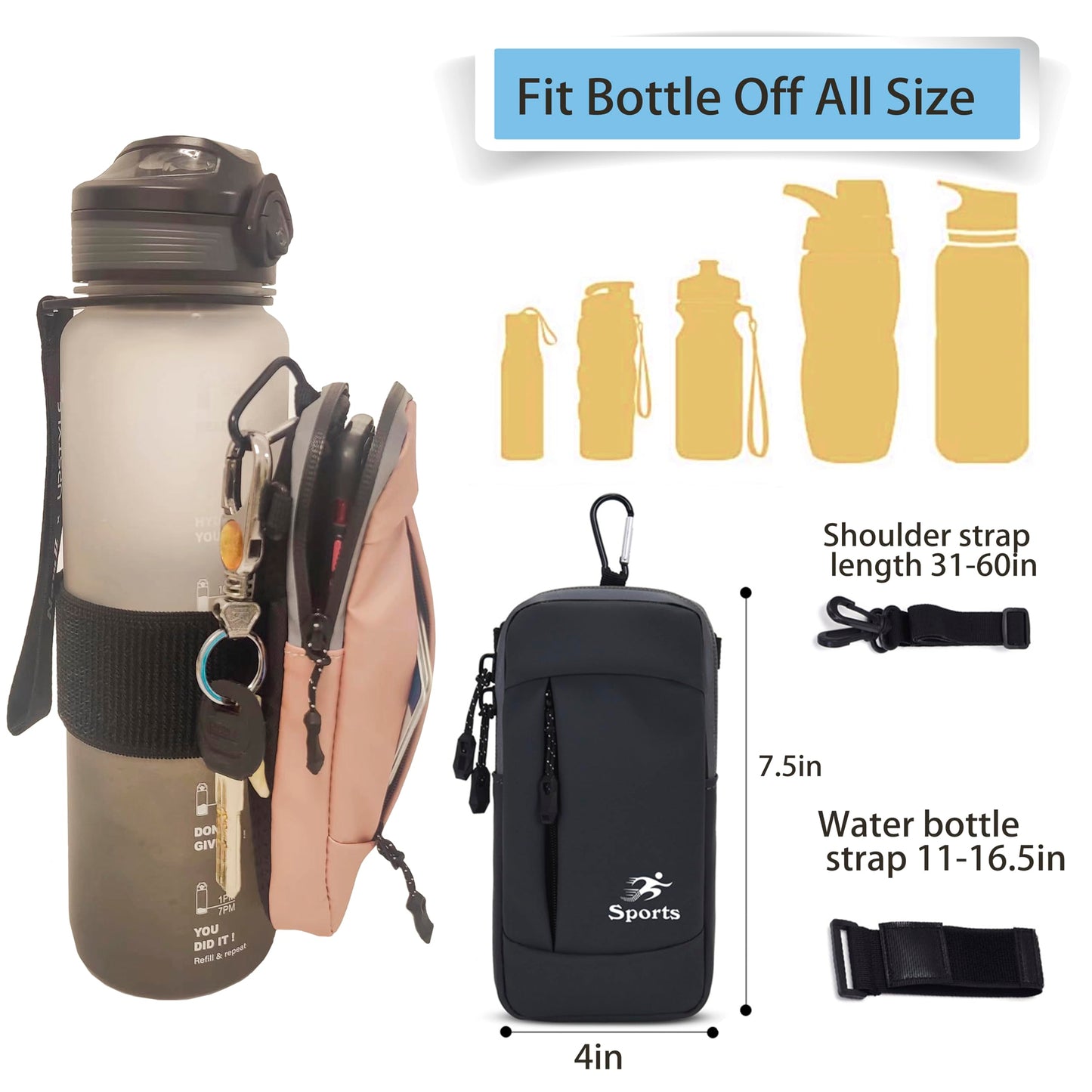 ananlu Bottle Caddy Gym Water Bottle Pouch Sleeve with Zipper Side Storage Pockets for Cards, Keys, Phone, or Wallet for Reusable, Gym Bottle Accessories for Men Women